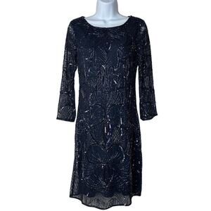 Adrianna Papell Dress Sequin Bead Mini Sheath Knee 3/4 Sleeve Open Back Navy 6